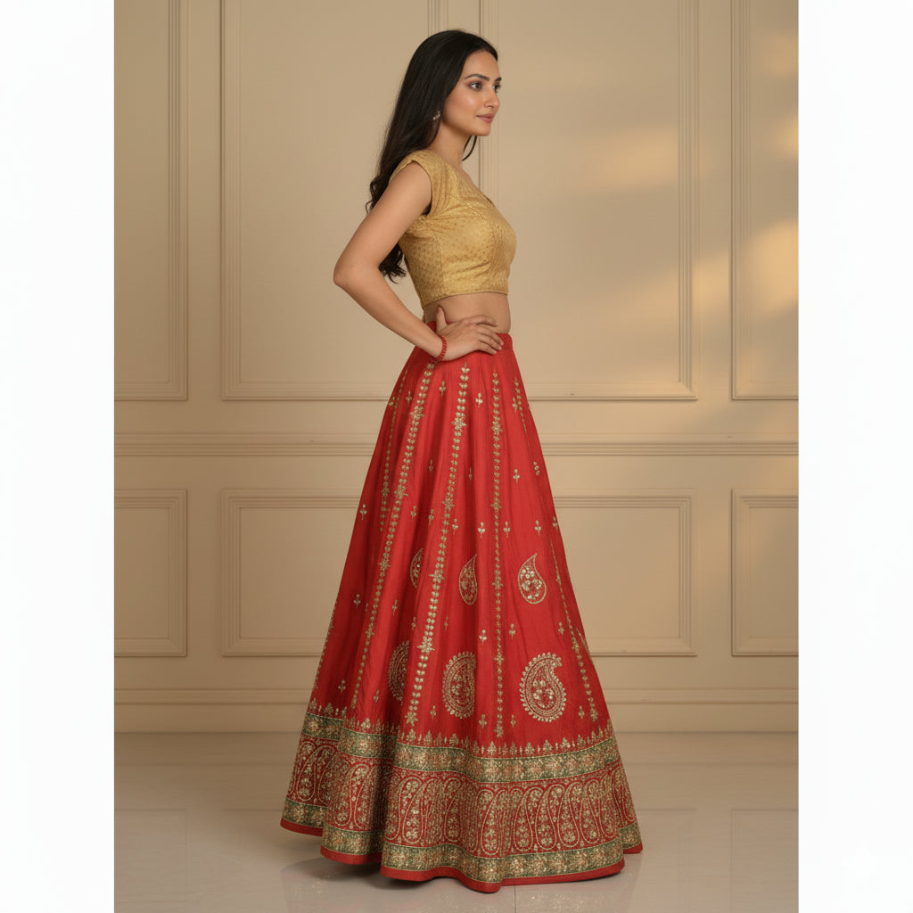 Sanskriti Vintage Red Long Lehenga Art Silk Hand Embroidered Gota Patti Stitched