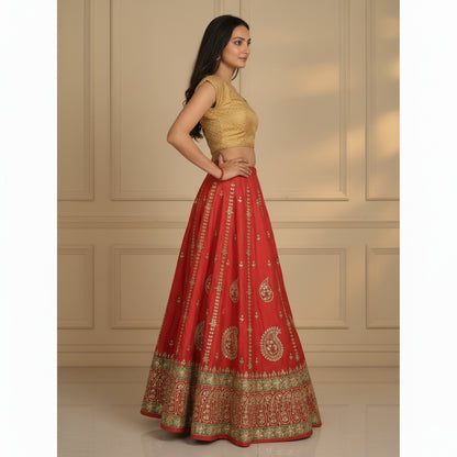 Sanskriti Vintage Red Long Lehenga Art Silk Hand Embroidered Gota Patti Stitched