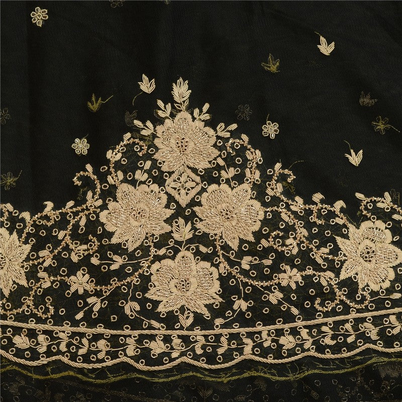 Sanskriti Vintage Black Long Lehenga Net Mesh Hand Embroidered Zardozi Unstitch