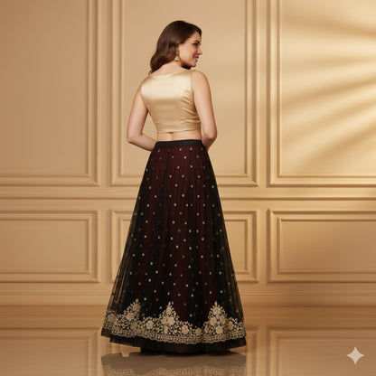 Sanskriti Vintage Black Long Lehenga Net Mesh Hand Embroidered Zardozi Unstitch