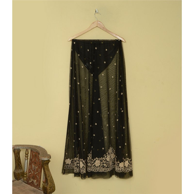 Sanskriti Vintage Black Long Lehenga Net Mesh Hand Embroidered Zardozi Unstitch