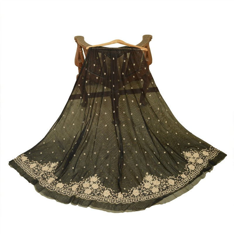 Sanskriti Vintage Black Long Lehenga Net Mesh Hand Embroidered Zardozi Unstitch