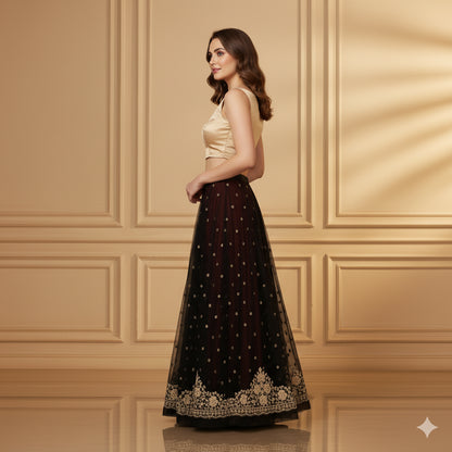 Sanskriti Vintage Black Long Lehenga Net Mesh Hand Embroidered Zardozi Unstitch