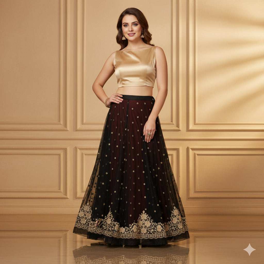 Sanskriti Vintage Black Long Lehenga Net Mesh Hand Embroidered Zardozi Unstitch