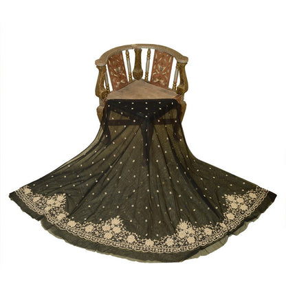 Sanskriti Vintage Black Long Lehenga Net Mesh Hand Embroidered Zardozi Unstitch