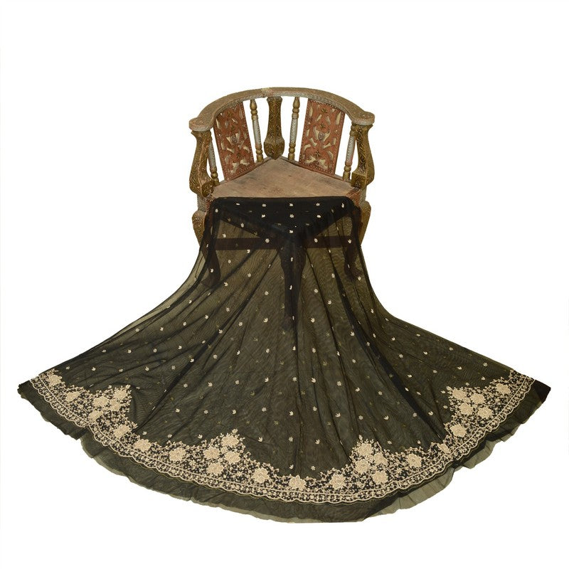 Sanskriti Vintage Black Long Lehenga Net Mesh Hand Embroidered Zardozi Unstitch