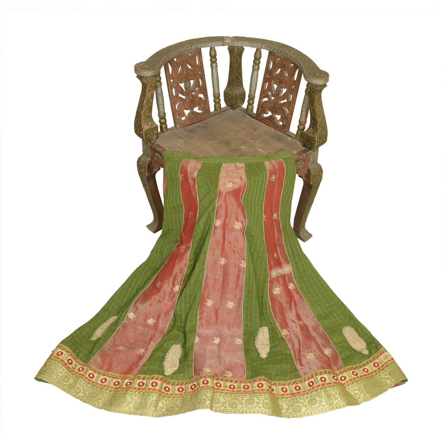 Sanskriti Vintage Long Stitched Golden Red & Green Lehenga Tissue Silk Hand Bead