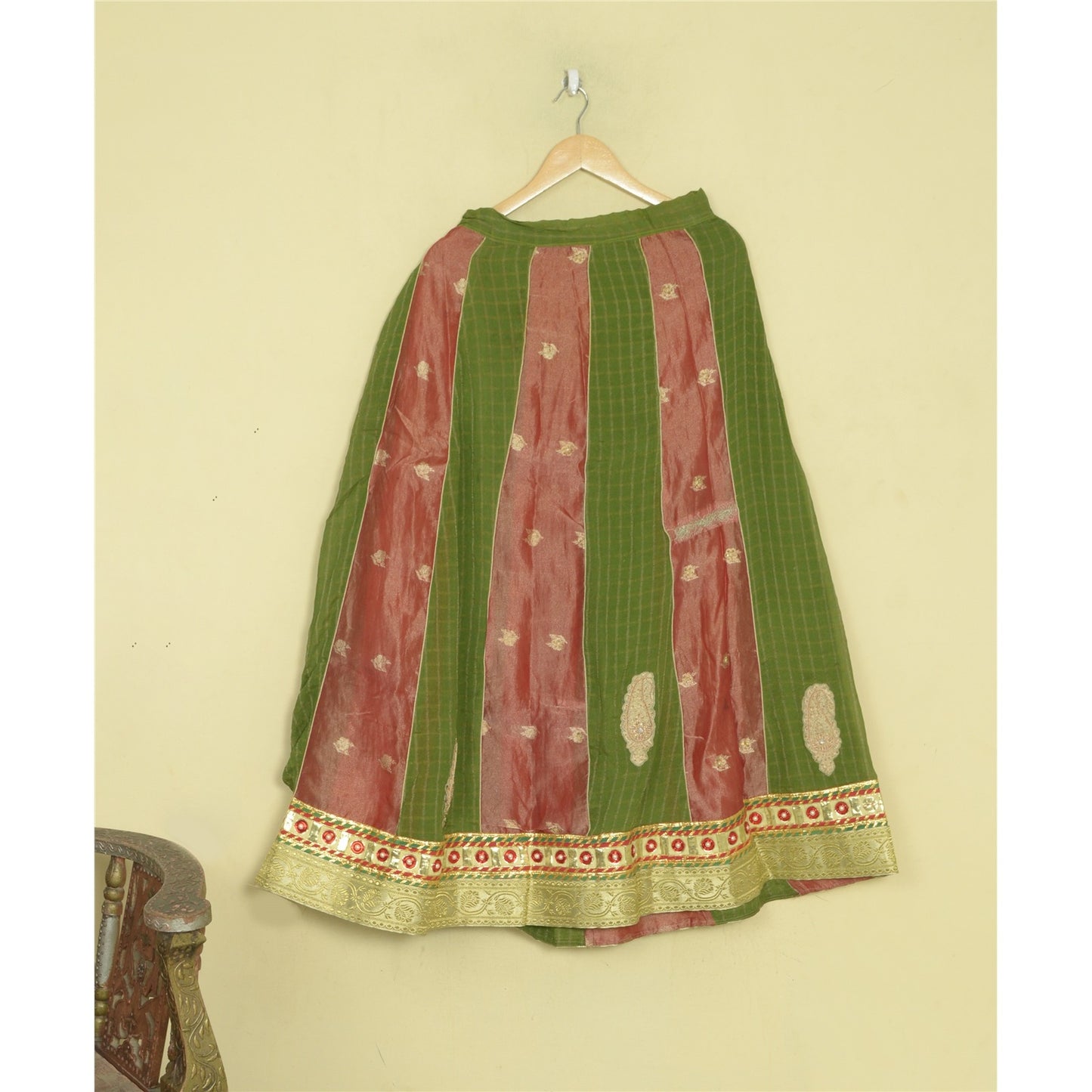 Sanskriti Vintage Long Stitched Golden Red & Green Lehenga Tissue Silk Hand Bead