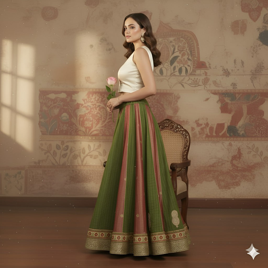 Sanskriti Vintage Long Stitched Golden Red & Green Lehenga Tissue Silk Hand Bead