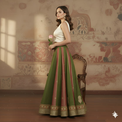 Sanskriti Vintage Long Stitched Golden Red & Green Lehenga Tissue Silk Hand Bead