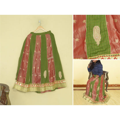 Sanskriti Vintage Long Stitched Golden Red & Green Lehenga Tissue Silk Hand Bead