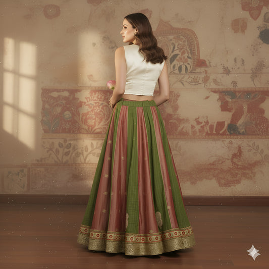 Sanskriti Vintage Long Stitched Golden Red & Green Lehenga Tissue Silk Hand Bead