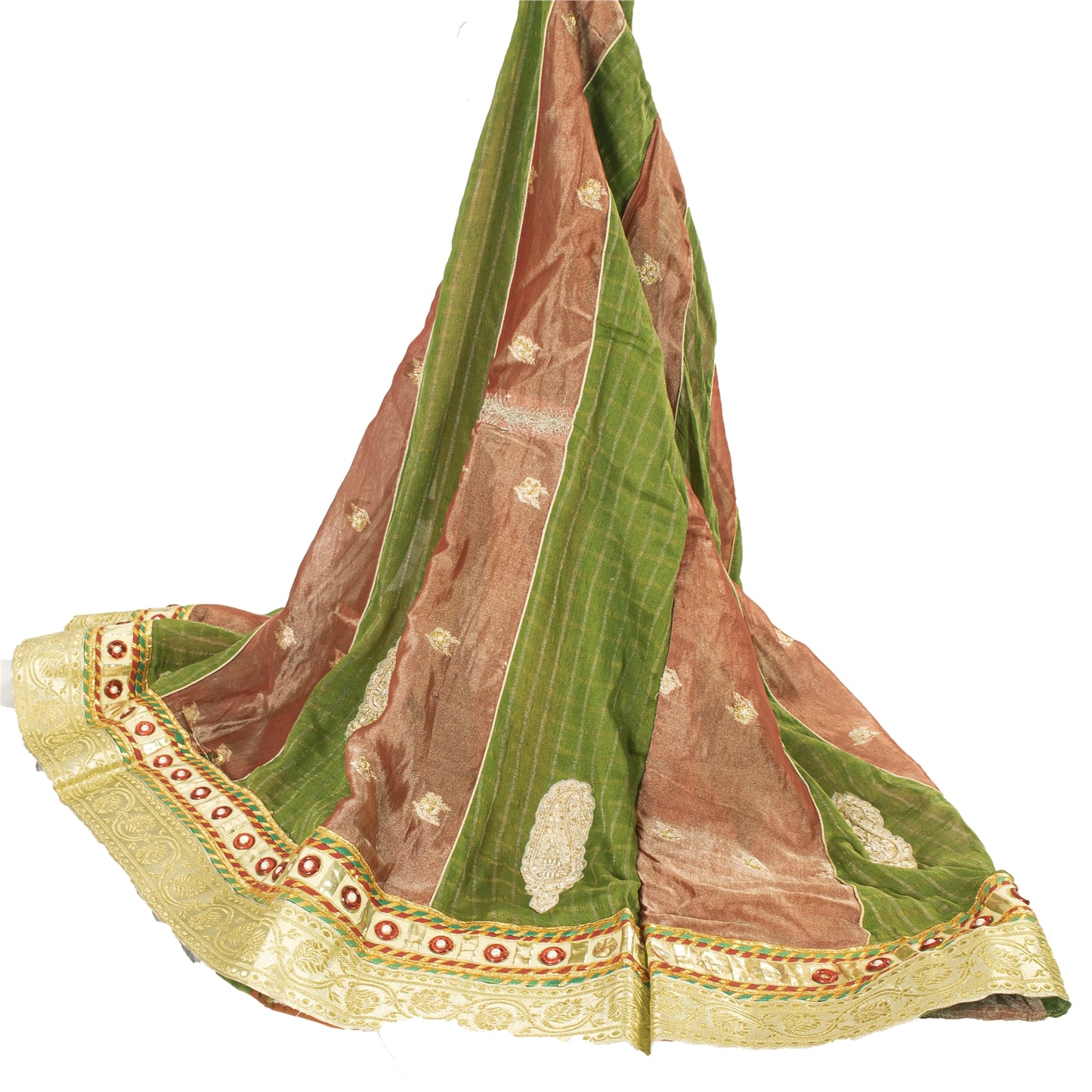 Sanskriti Vintage Long Stitched Golden Red & Green Lehenga Tissue Silk Hand Bead
