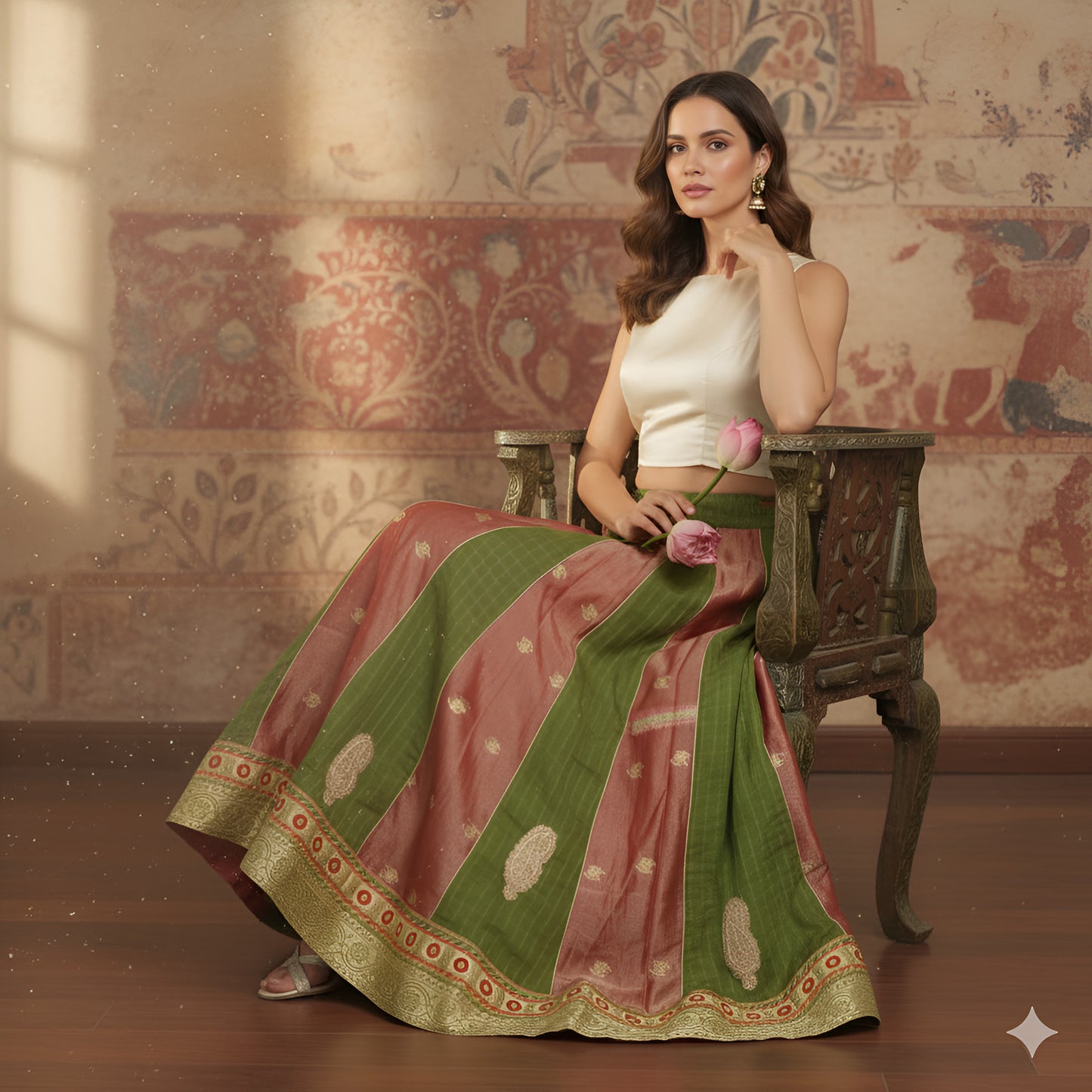 Sanskriti Vintage Long Stitched Golden Red & Green Lehenga Tissue Silk Hand Bead