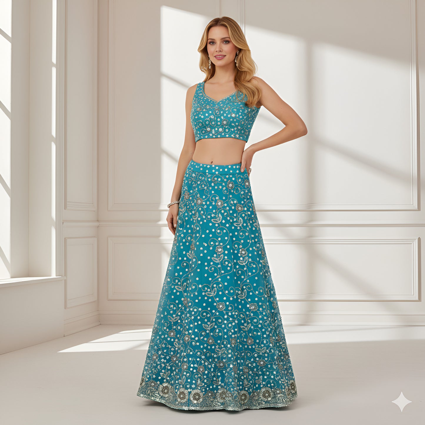 Sanskriti Vintage Blue Long Stitched Indian Lehenga Georgette Hand Beaded Sequin