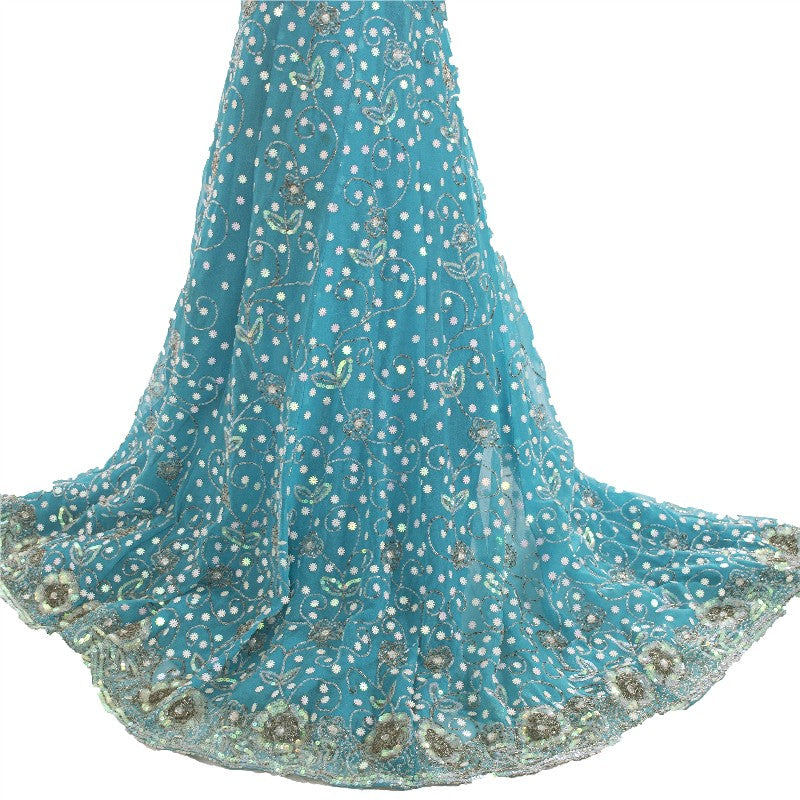 Sanskriti Vintage Blue Long Stitched Indian Lehenga Georgette Hand Beaded Sequin