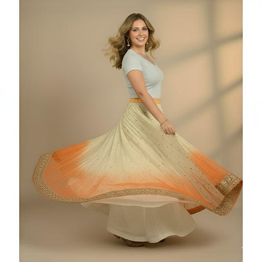 Sanskriti Vintage Cream & Orange Long Stitched Lehenga Net Hand Beaded Zardozi