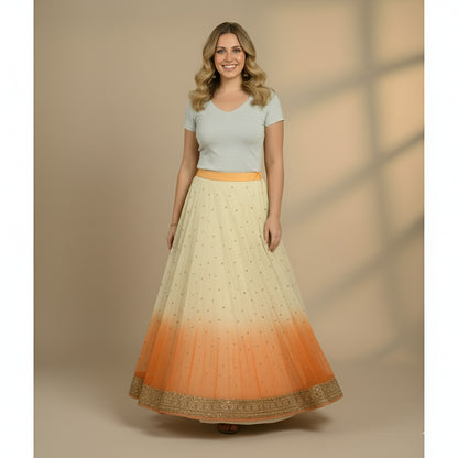 Sanskriti Vintage Cream & Orange Long Stitched Lehenga Net Hand Beaded Zardozi