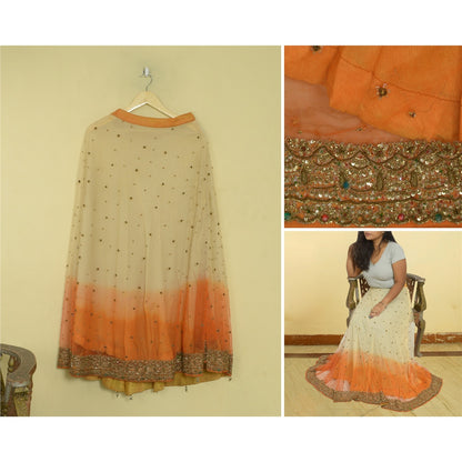Sanskriti Vintage Cream & Orange Long Stitched Lehenga Net Hand Beaded Zardozi