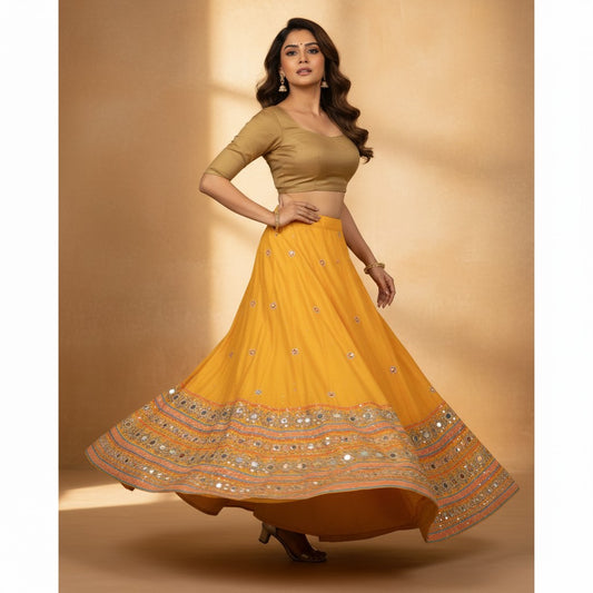 Sanskriti Vintage Yellow Long Stitched IndianWedding Lehenga Pure Silk Hand Bead