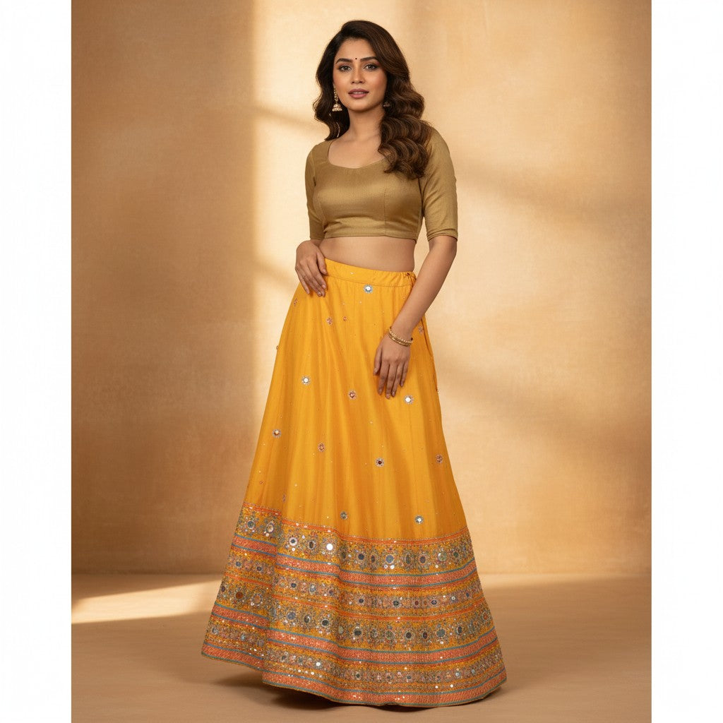 Sanskriti Vintage Yellow Long Stitched IndianWedding Lehenga Pure Silk Hand Bead