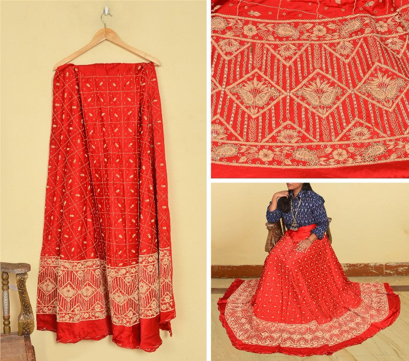 Sanskriti Vintage Red Long Unstitched Lehenga Pure Silk Hand Embroidered Zardozi