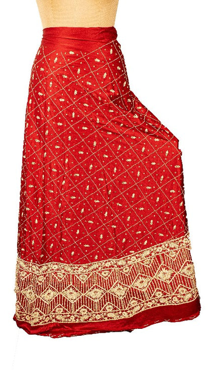 Sanskriti Vintage Red Long Unstitched Lehenga Pure Silk Hand Embroidered Zardozi