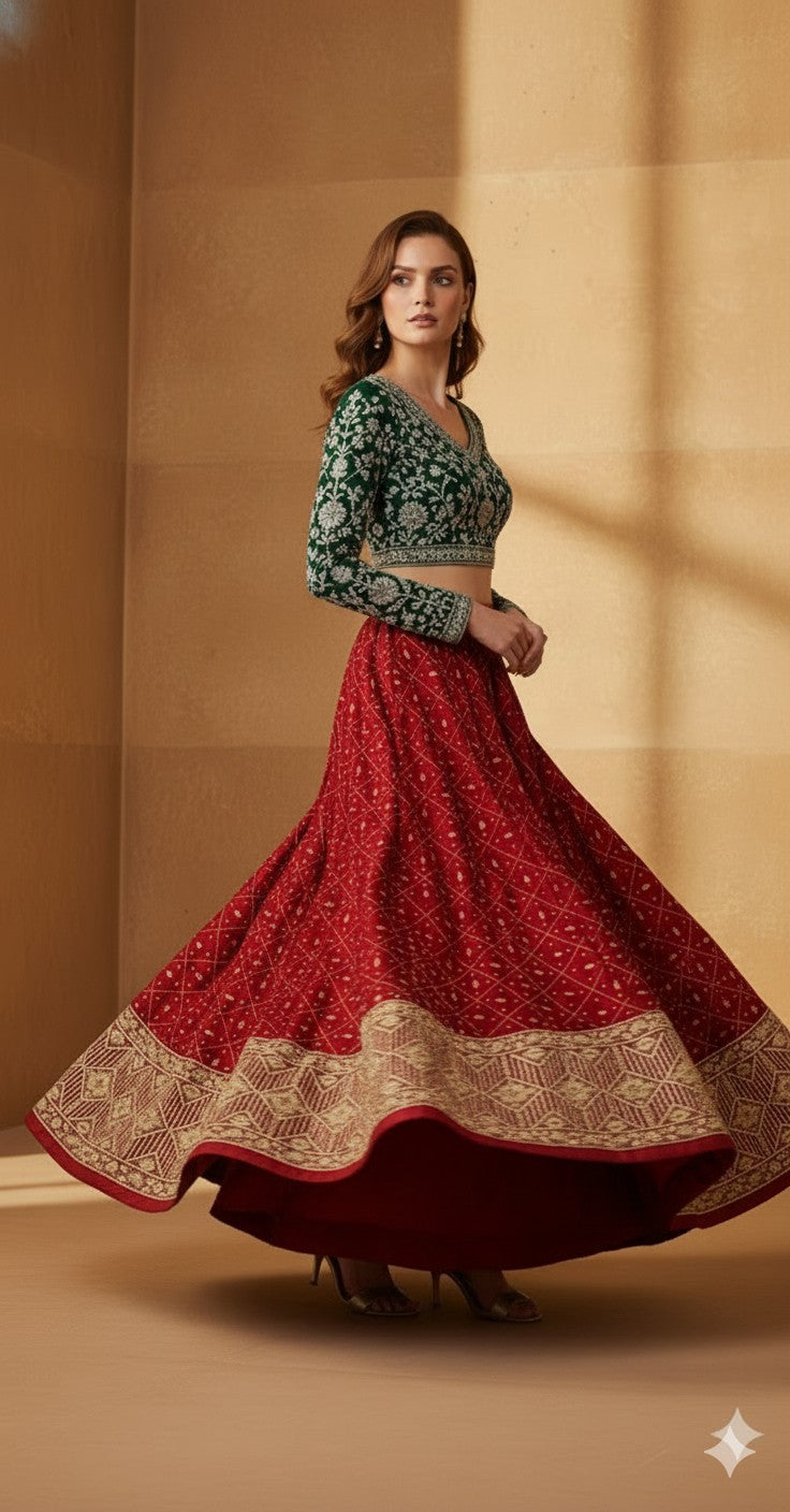 Sanskriti Vintage Red Long Unstitched Lehenga Pure Silk Hand Embroidered Zardozi