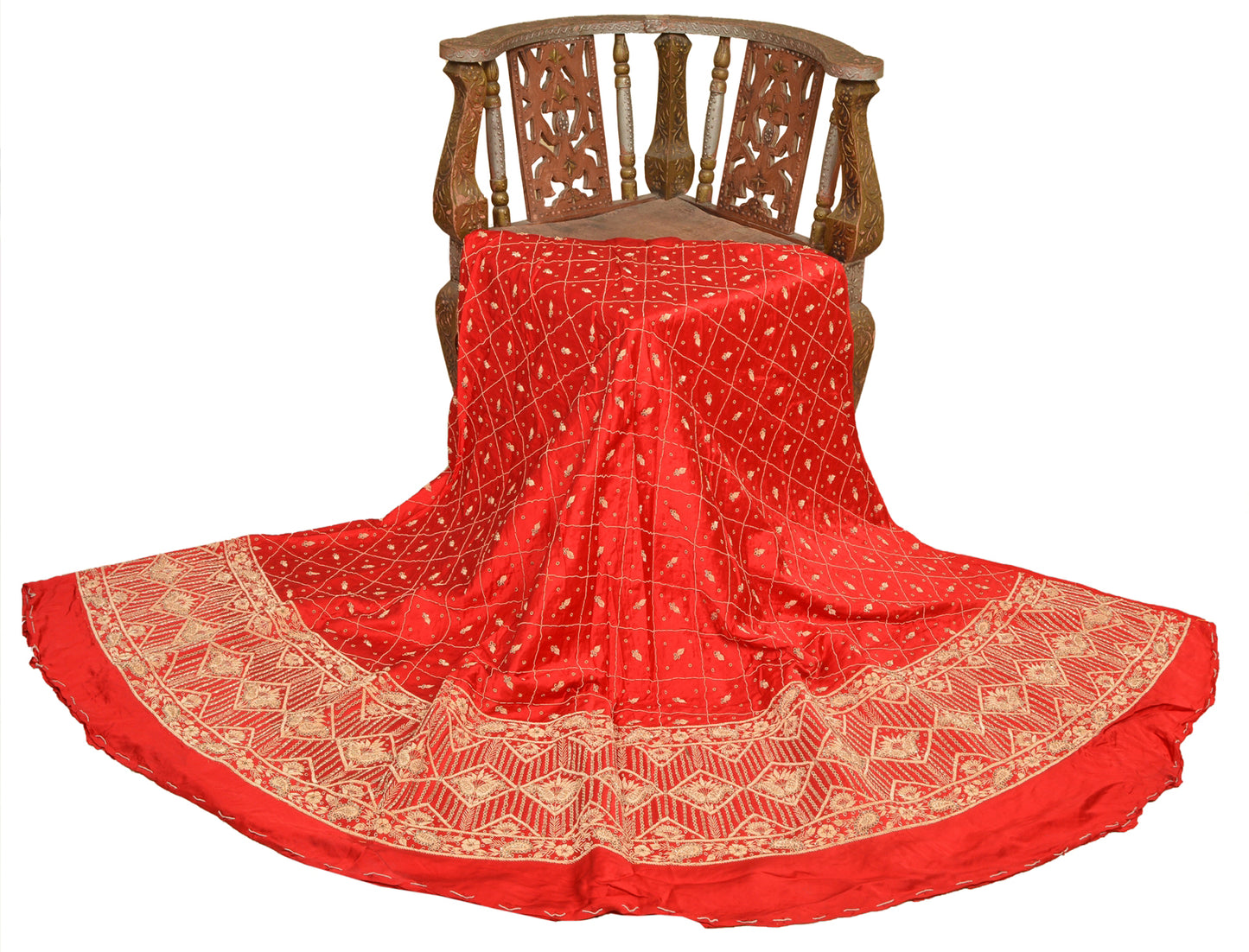 Sanskriti Vintage Red Long Unstitched Lehenga Pure Silk Hand Embroidered Zardozi