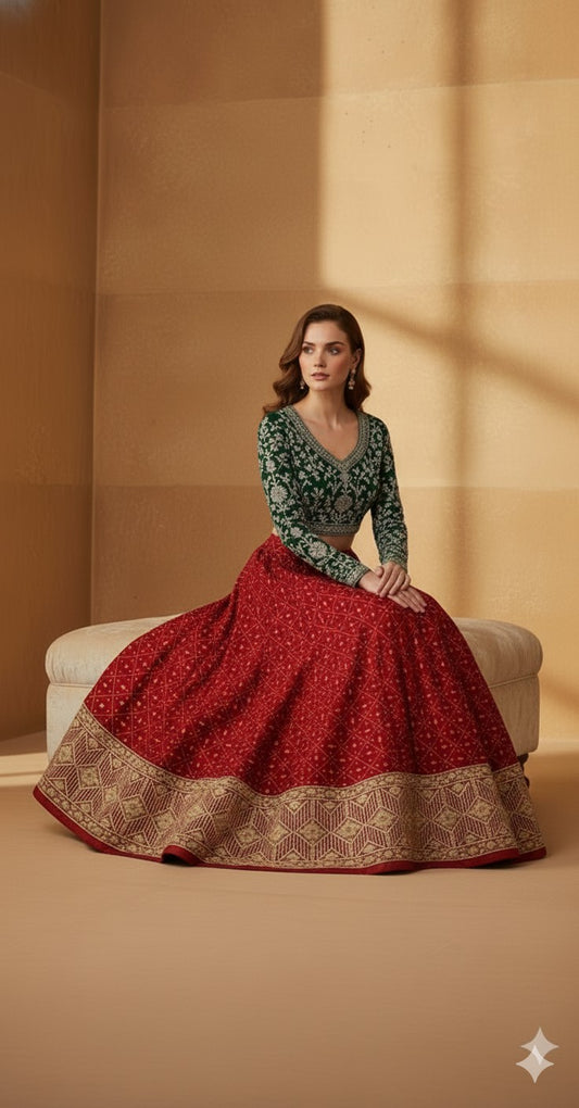 Sanskriti Vintage Red Long Unstitched Lehenga Pure Silk Hand Embroidered Zardozi