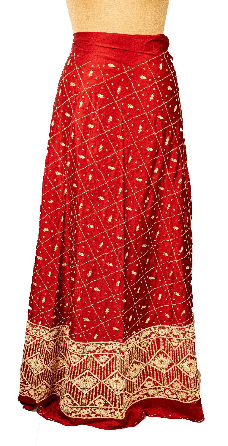 Sanskriti Vintage Red Long Unstitched Lehenga Pure Silk Hand Embroidered Zardozi