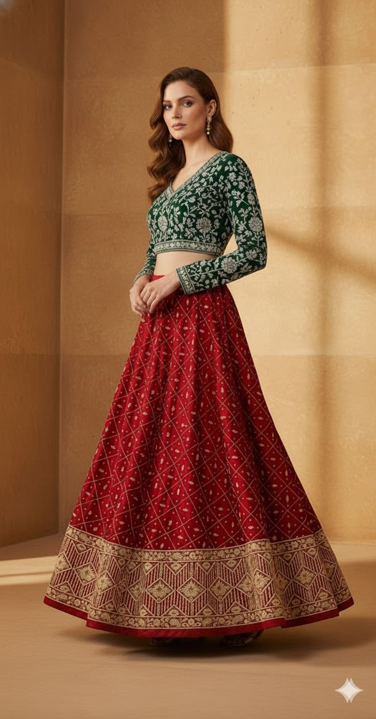 Sanskriti Vintage Red Long Unstitched Lehenga Pure Silk Hand Embroidered Zardozi