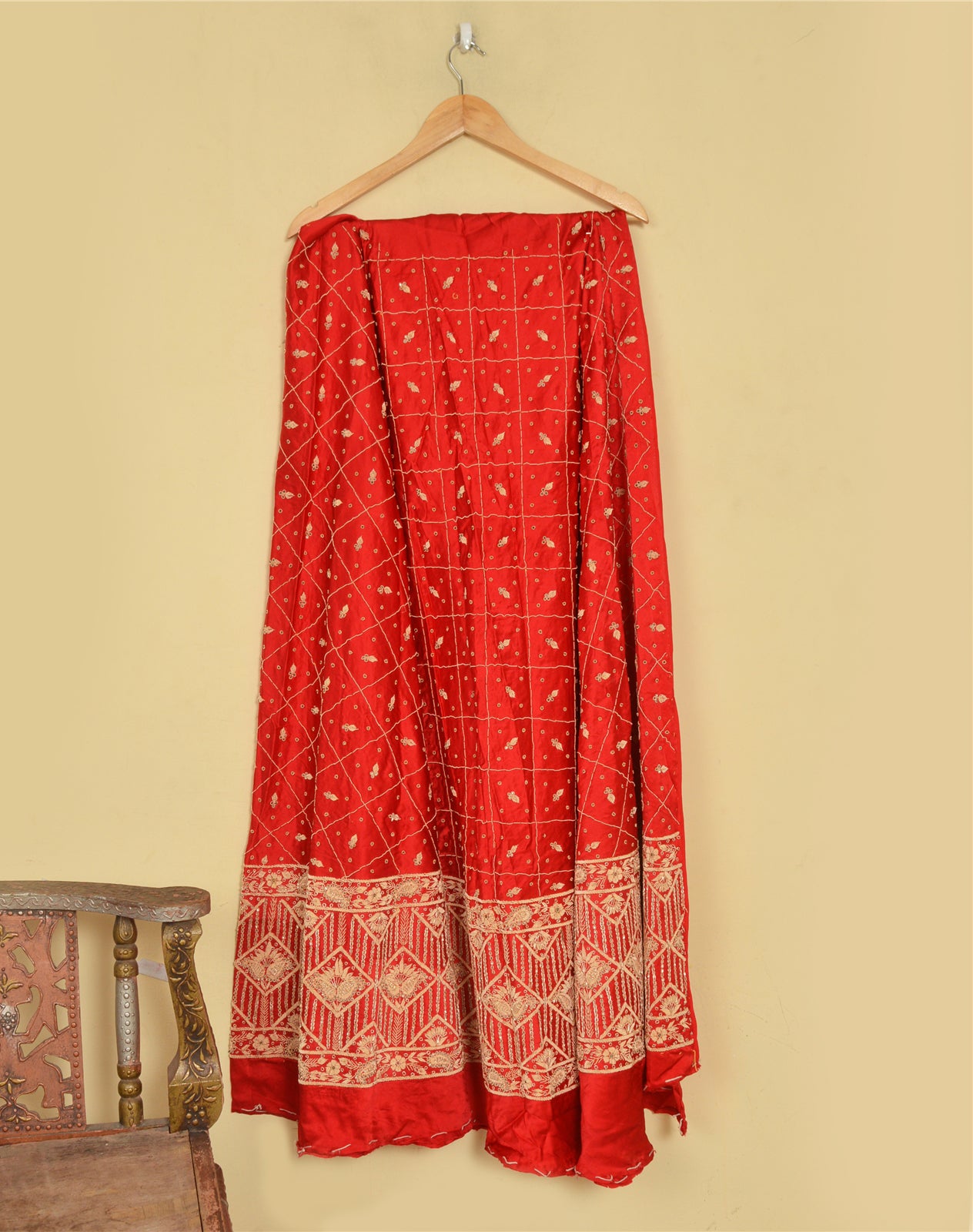 Sanskriti Vintage Red Long Unstitched Lehenga Pure Silk Hand Embroidered Zardozi