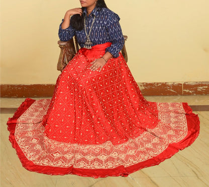Sanskriti Vintage Red Long Unstitched Lehenga Pure Silk Hand Embroidered Zardozi