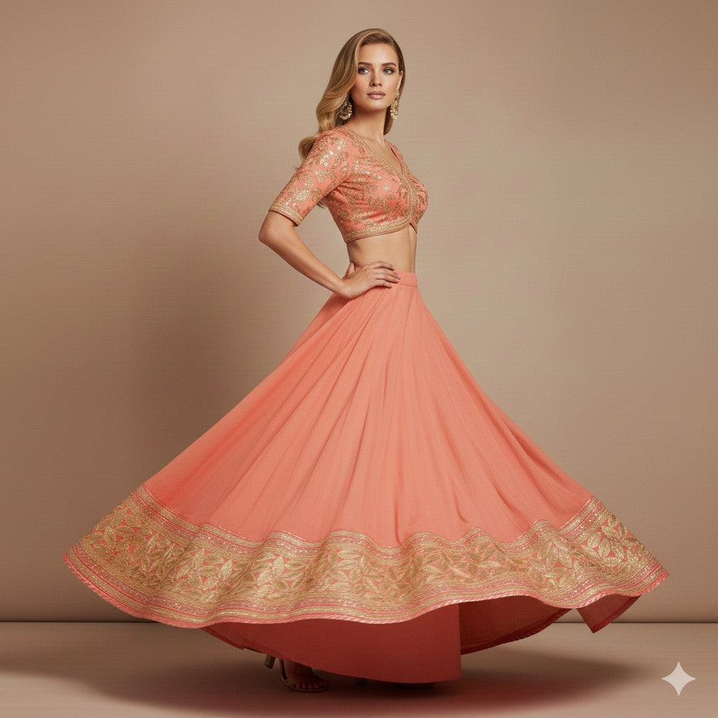 Sanskriti Vintage Pink Long Stitched Lehenga Pure Chiffon Hand Embroidered Gota