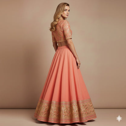 Sanskriti Vintage Pink Long Stitched Lehenga Pure Chiffon Hand Embroidered Gota