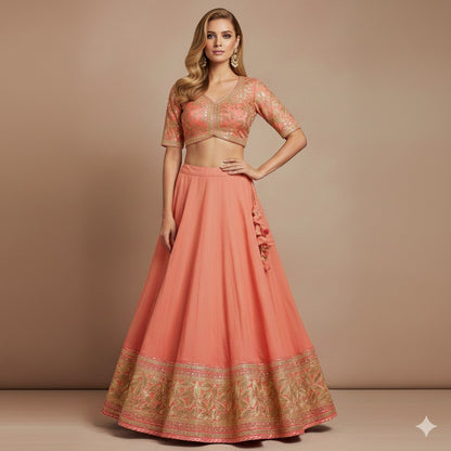 Sanskriti Vintage Pink Long Stitched Lehenga Pure Chiffon Hand Embroidered Gota