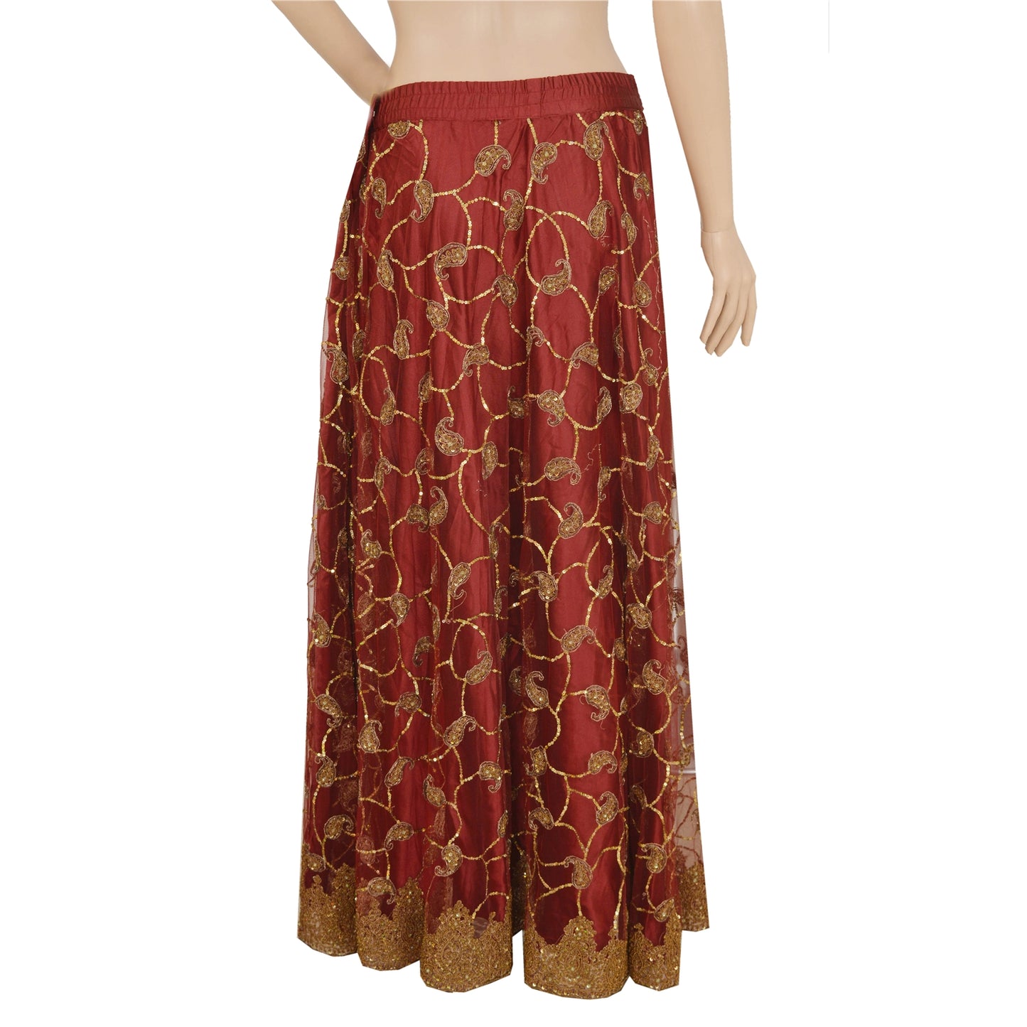 Sanskriti Vintage Dark Red Net Satin Stitch Lehenga Hand Embroidery Zardozi Zari