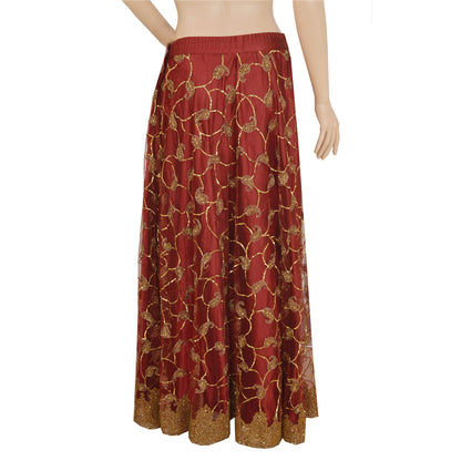 Sanskriti Vintage Dark Red Net Satin Stitch Lehenga Hand Embroidery Zardozi Zari