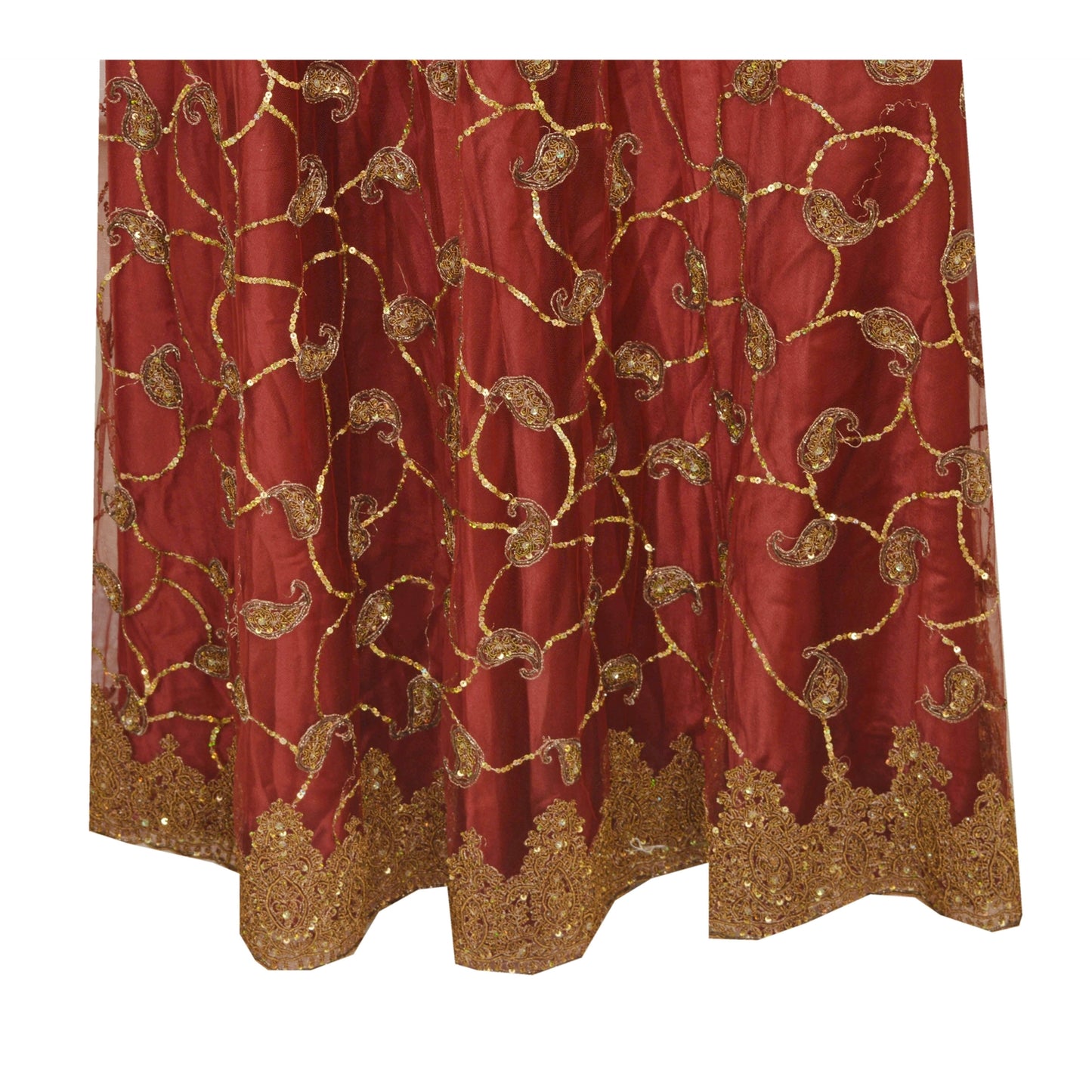 Sanskriti Vintage Dark Red Net Satin Stitch Lehenga Hand Embroidery Zardozi Zari