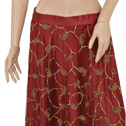Sanskriti Vintage Dark Red Net Satin Stitch Lehenga Hand Embroidery Zardozi Zari