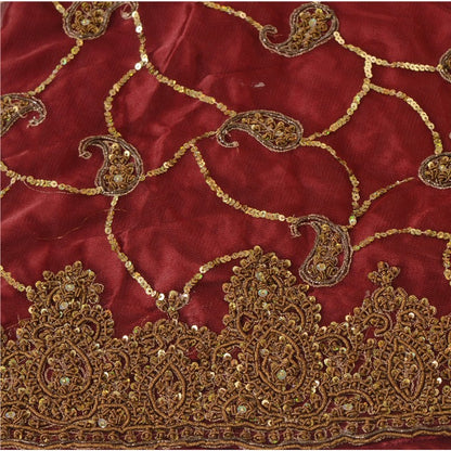 Sanskriti Vintage Dark Red Net Satin Stitch Lehenga Hand Embroidery Zardozi Zari