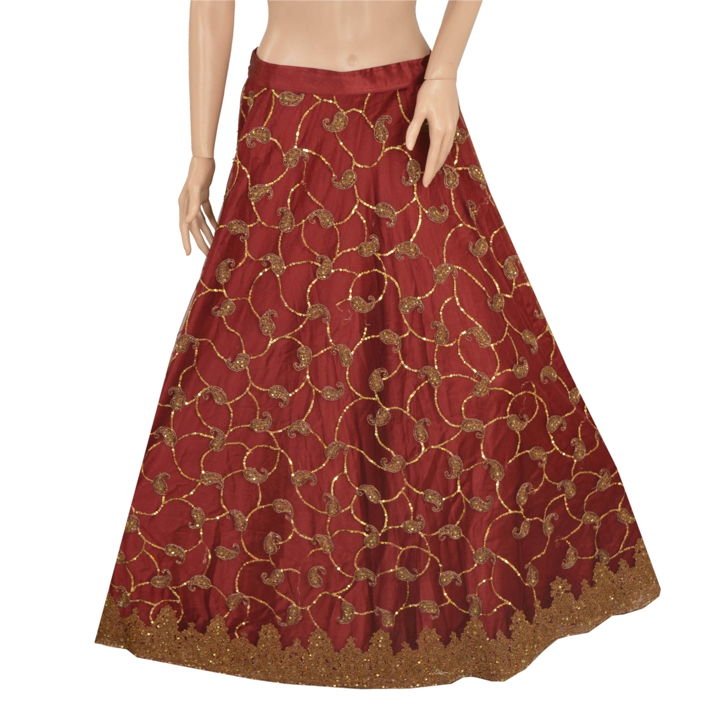 Sanskriti Vintage Dark Red Net Satin Stitch Lehenga Hand Embroidery Zardozi Zari