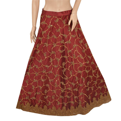 Sanskriti Vintage Dark Red Net Satin Stitch Lehenga Hand Embroidery Zardozi Zari