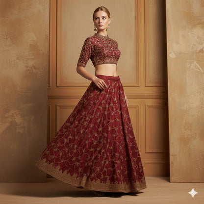 Sanskriti Vintage Dark Red Net Satin Stitch Lehenga Hand Embroidery Zardozi Zari