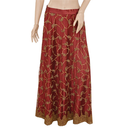 Sanskriti Vintage Dark Red Net Satin Stitch Lehenga Hand Embroidery Zardozi Zari