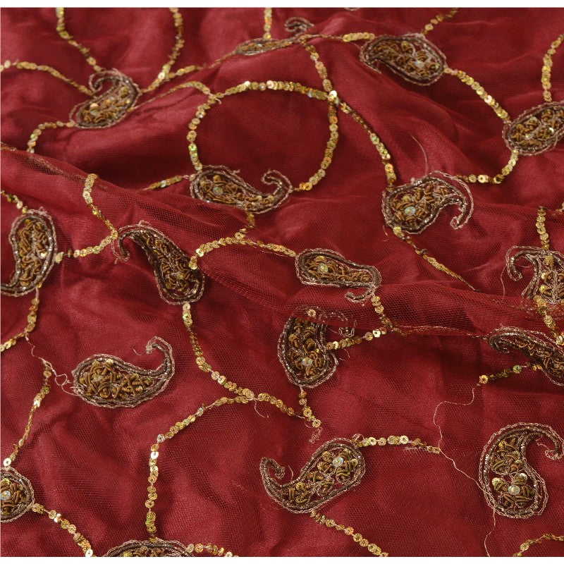 Sanskriti Vintage Dark Red Net Satin Stitch Lehenga Hand Embroidery Zardozi Zari
