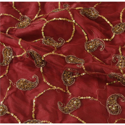 Sanskriti Vintage Dark Red Net Satin Stitch Lehenga Hand Embroidery Zardozi Zari