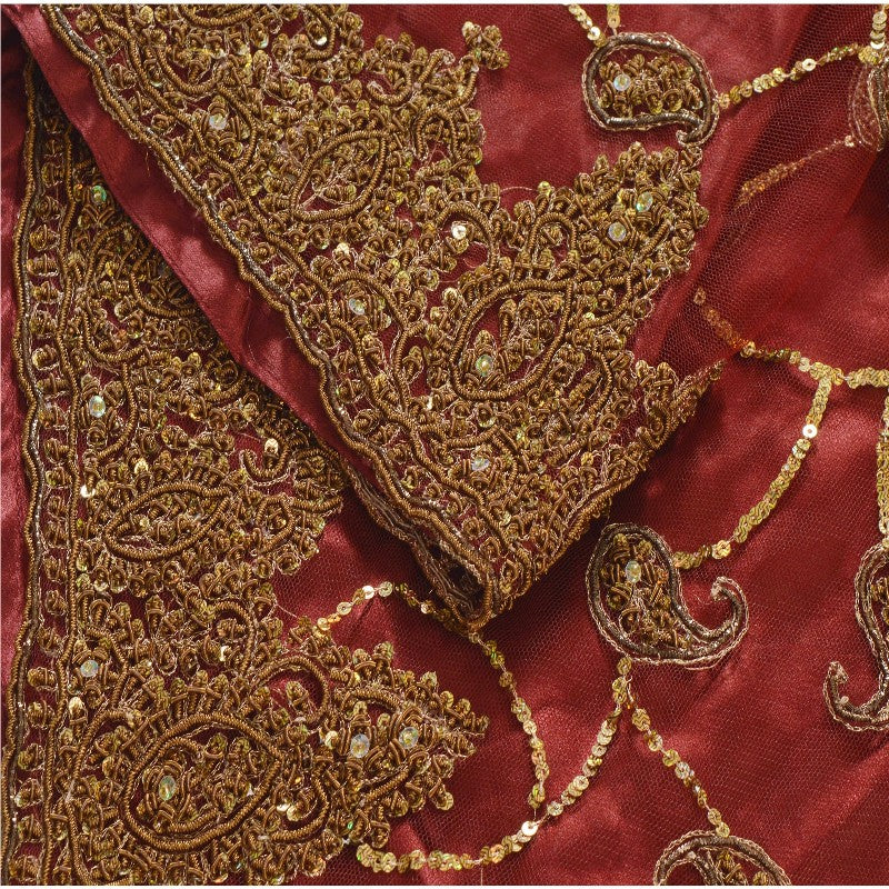 Sanskriti Vintage Dark Red Net Satin Stitch Lehenga Hand Embroidery Zardozi Zari