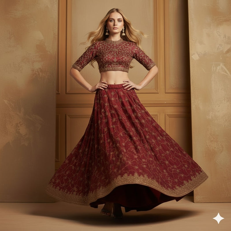 Sanskriti Vintage Dark Red Net Satin Stitch Lehenga Hand Embroidery Zardozi Zari